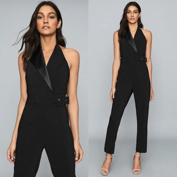 Reiss NWT Tuxedo Sleeveless Belted Jumpsuit Black Sz 8 Holiday New Years Office - Picture 1 of 8